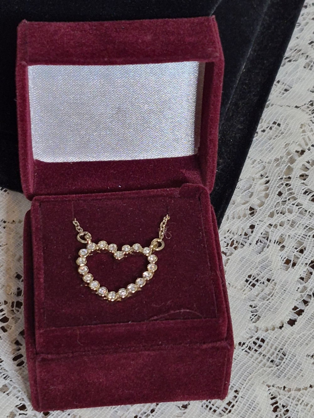 Vintage Avon Signed Rhinestone Open Heart Pendant Necklace with Original Box